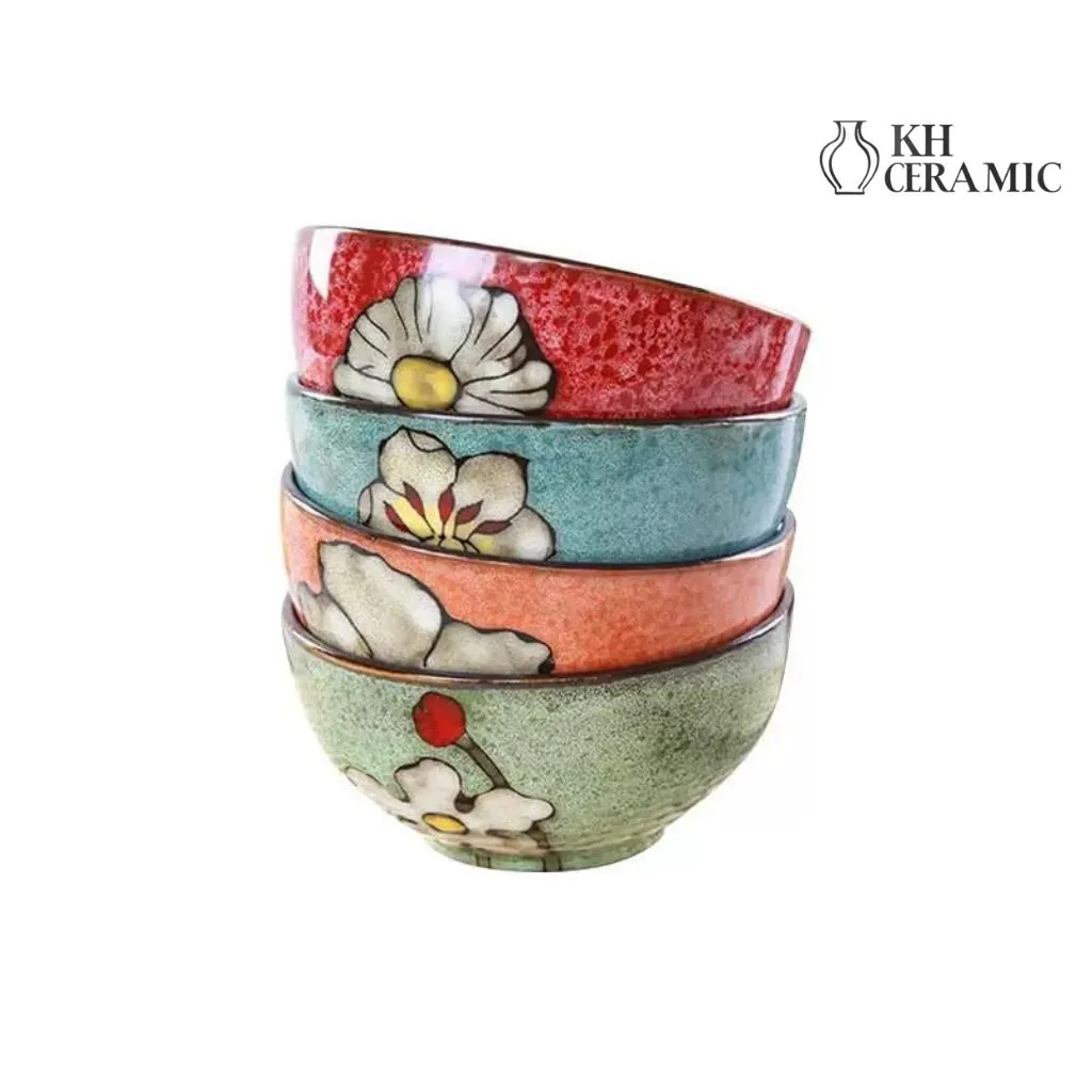 Set of 4 Patterned Ceramic Bowls for Kitchen