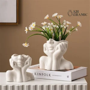 White Ceramic Face Vase, Half-Body Woman Design