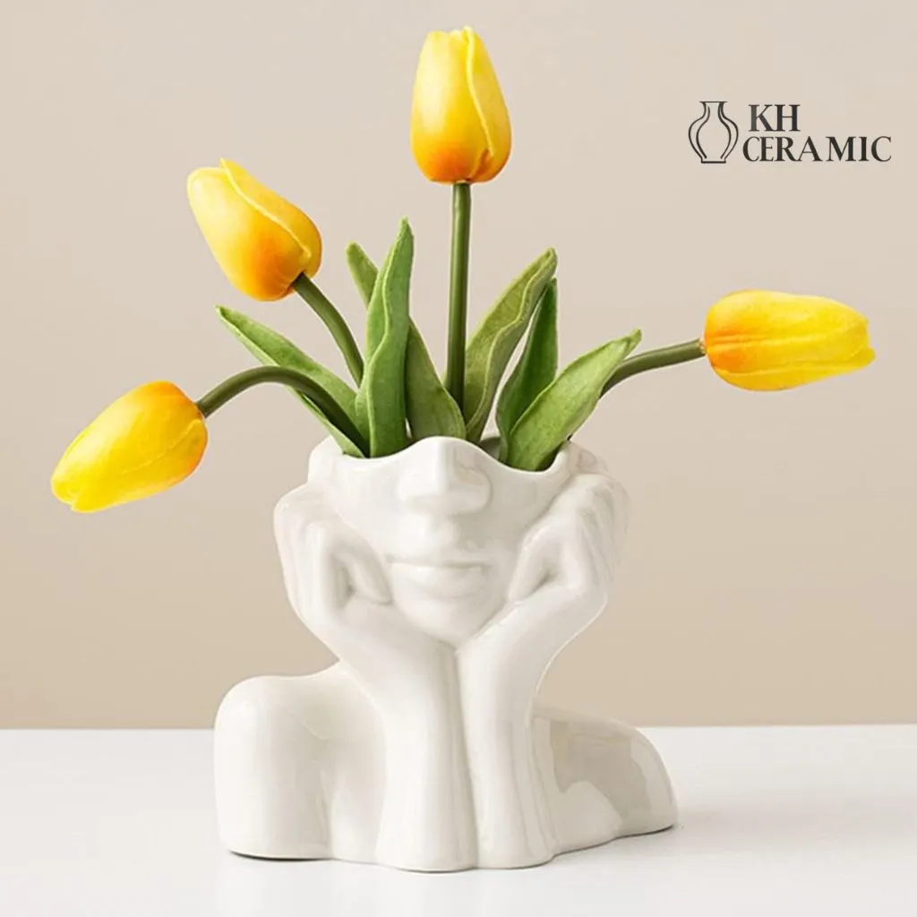 White Ceramic Face Vase, Half-Body Woman Design